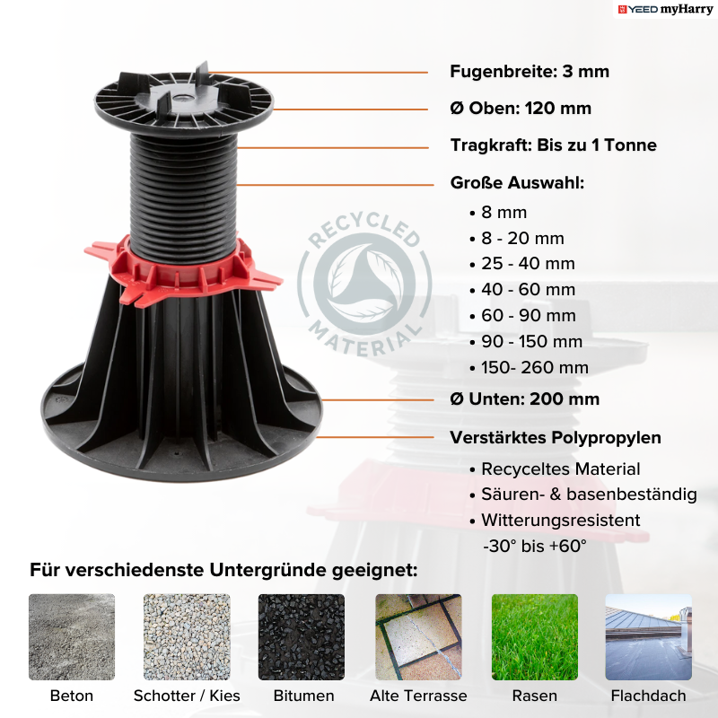 Stelzlager höhenverstellbar 150-260mm für Terrassenplatten YEED